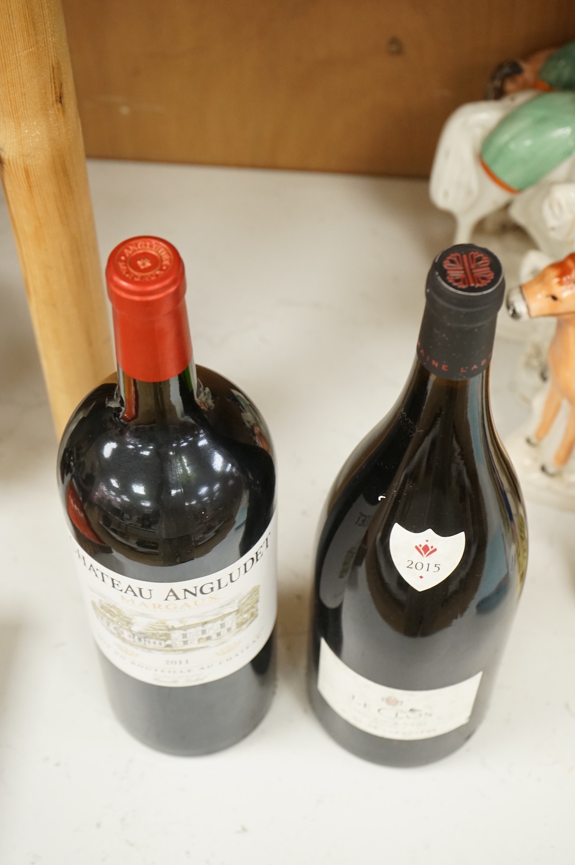 Two magnums of wine comprising Chateau Angludet Margaux 2011 and Les Clos Du Moulin A Vent 2015